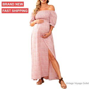 Floral Maternity Maxi Dress Square Neck Puff Sleeve Smocked Boho